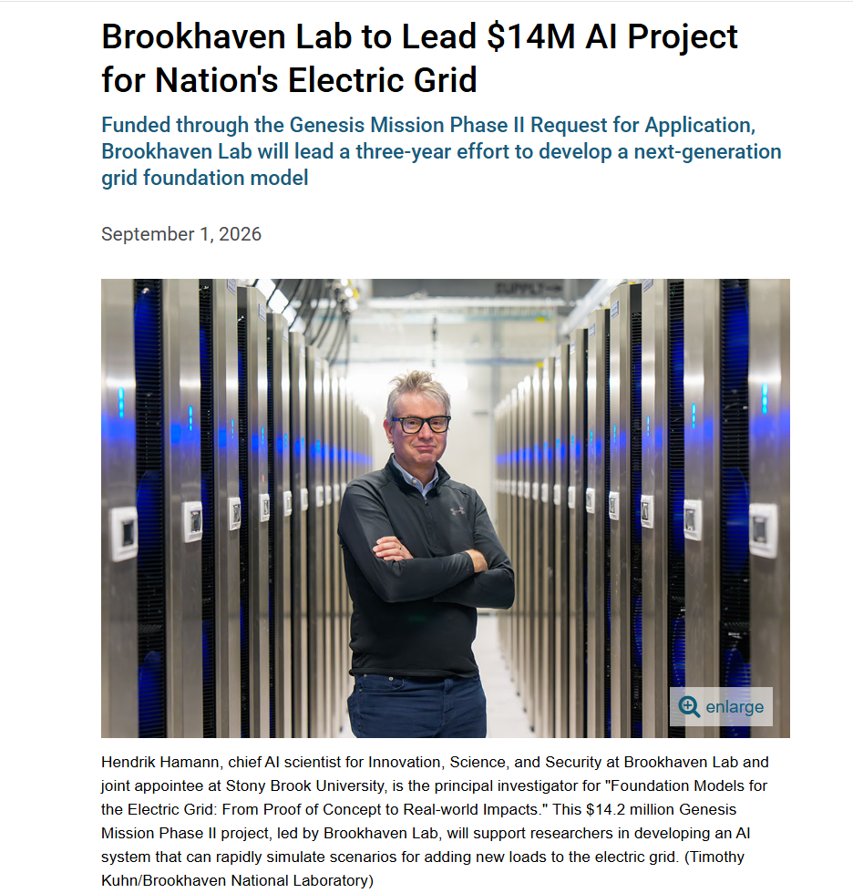 Hendrik Hamann, chief AI scientist at Brookhaven Lab, stands with his arms crossed in a data center, surrounded by rows of servers with blue lights.