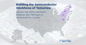 Blog feature image with text overlay: 'Building the Semiconductor Workforce of Tomorrow.' Background features a map of the Northeast US over a silicon semiconductor wafer." The SUNY logo is in the corner.